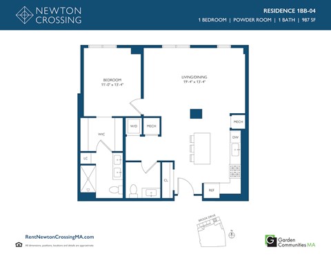 Floor plan for 1 bed, 1 bath, 987 sqft